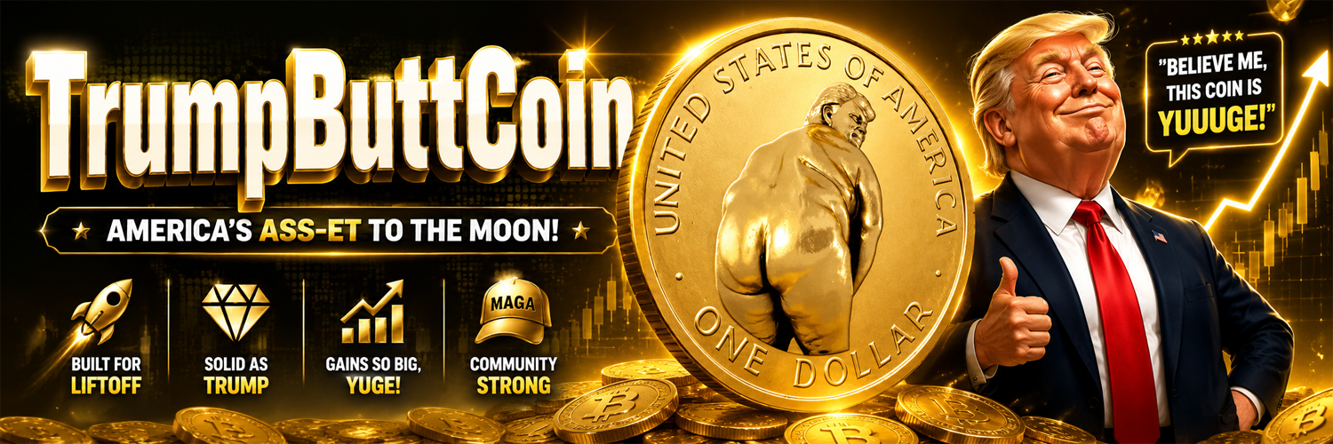 TrumpButtCoin banner — America's ass-et to the moon with golden coin and chart
